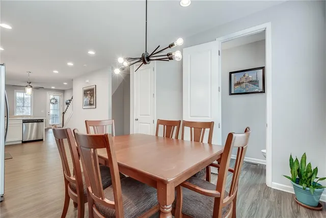 a view of a dining room with furniture
