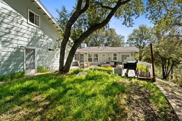 a view of a lush green forest with mountains in the background