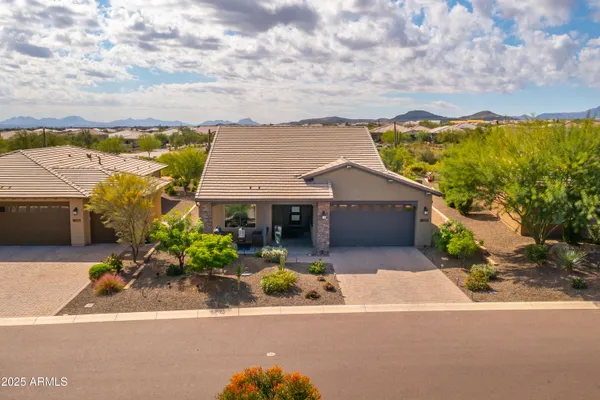 aerial view of a house with a yard and potted plants