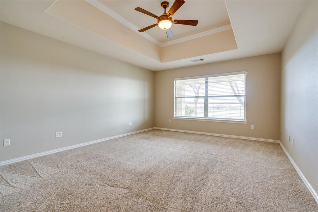 9109 Perimeter Street Denton, TX 76207 - Photo 18 of 27 Unfurnished room with a tray ceiling, crown molding, light colored carpet, and a ceiling fan
