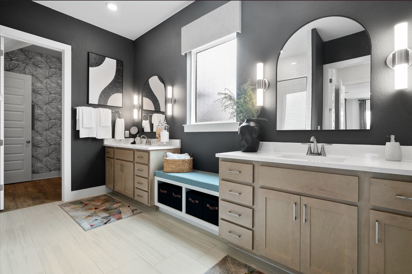 104 Beautiful Wisdom Court Georgetown, TX 78628 - Photo 12 of 29 a bathroom with a double vanity sink mirror and cabinets