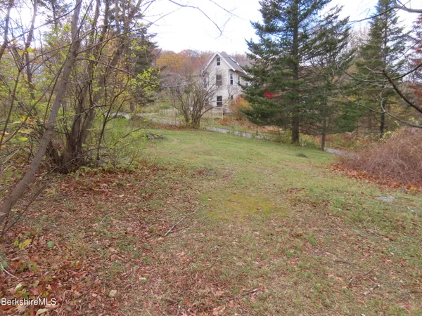a view of a field with trees in the background