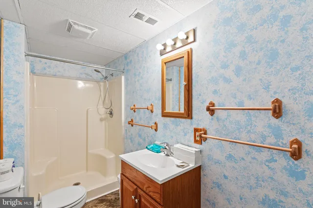 a bathroom with a granite countertop sink a mirror and shower