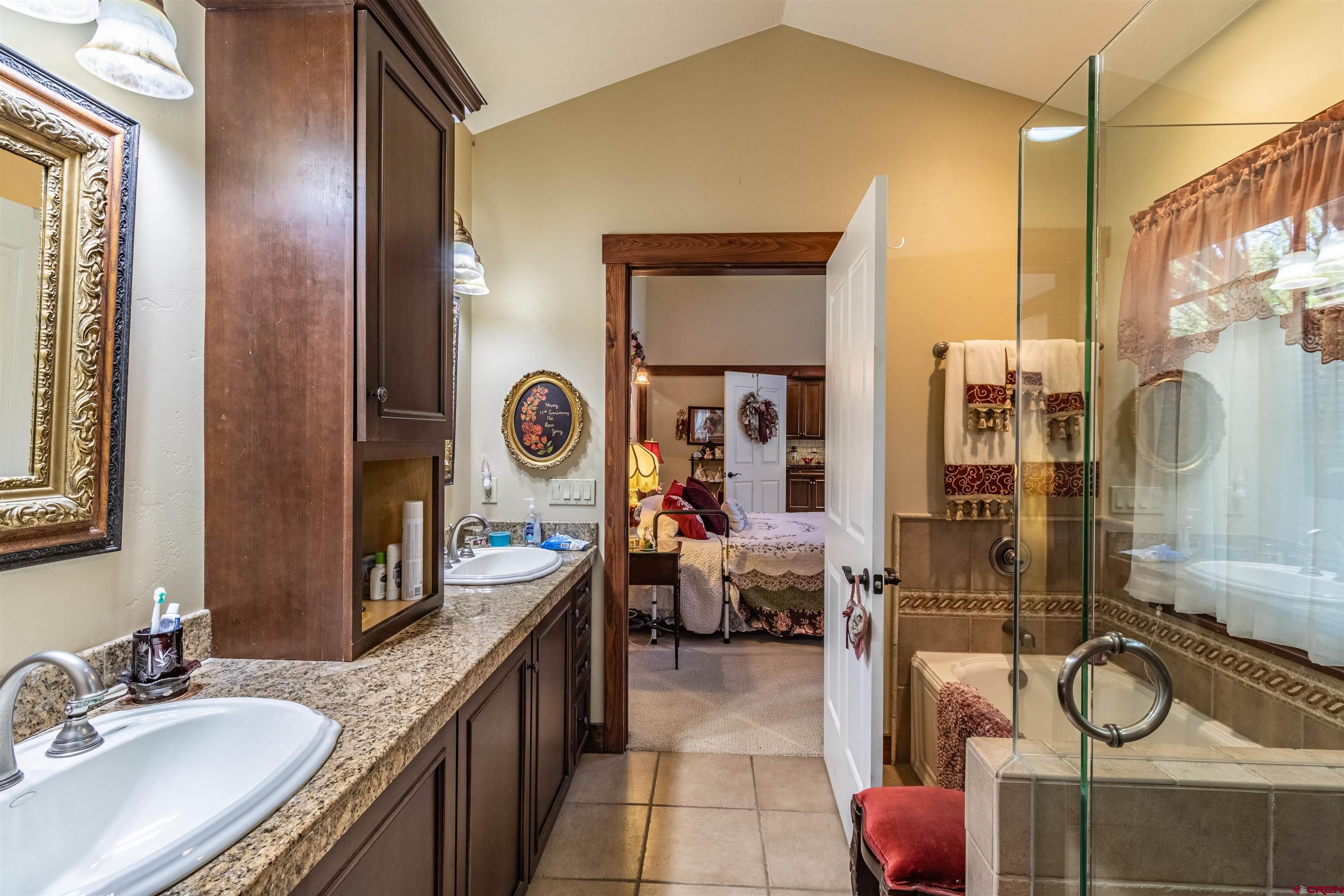 1167 North Dalton Ranch Road Durango, CO 81301 - Photo 21 of 45 a bathroom with a granite countertop sink a mirror and a shower