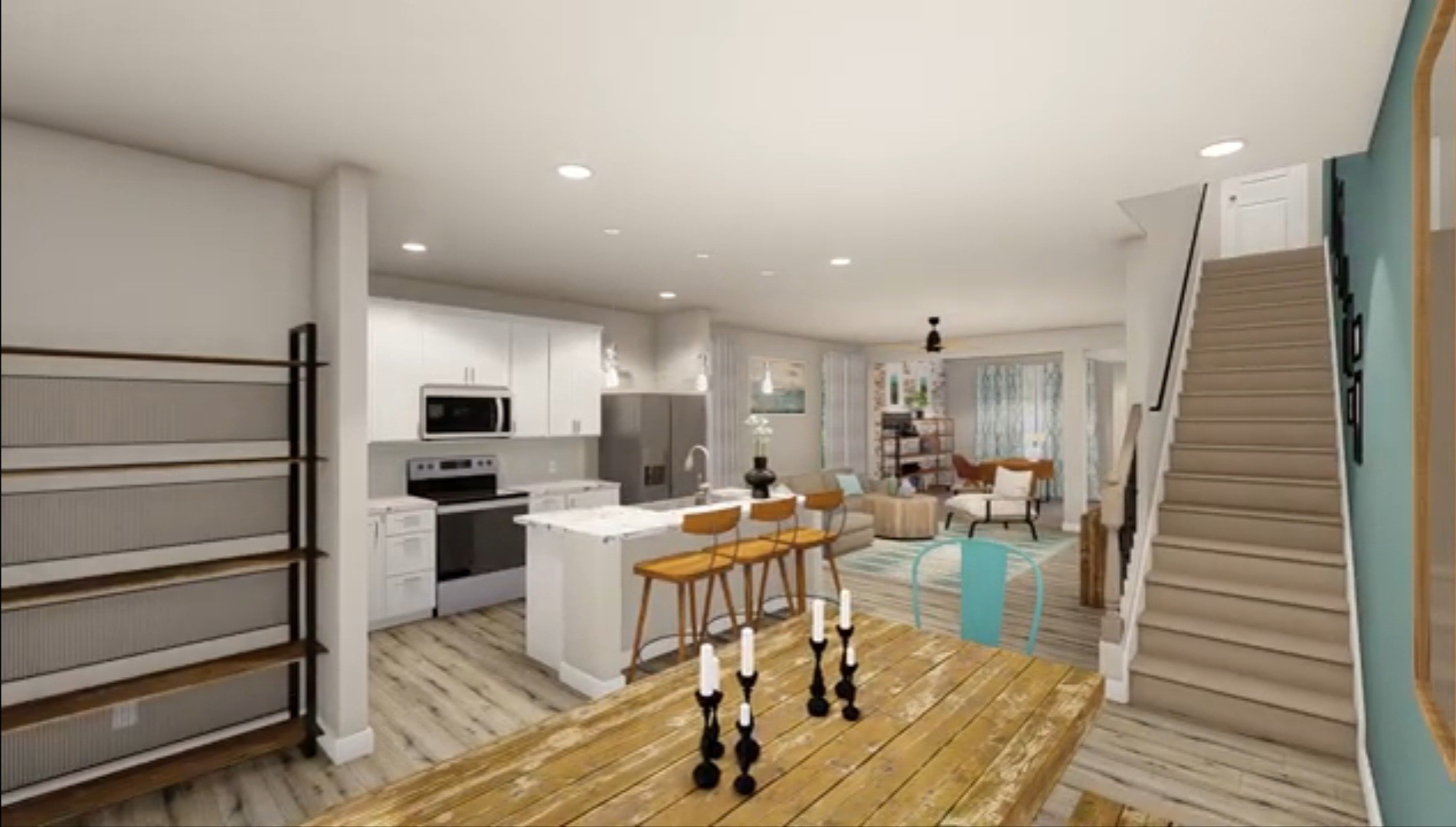 a living room with lots of wooden furniture and a table