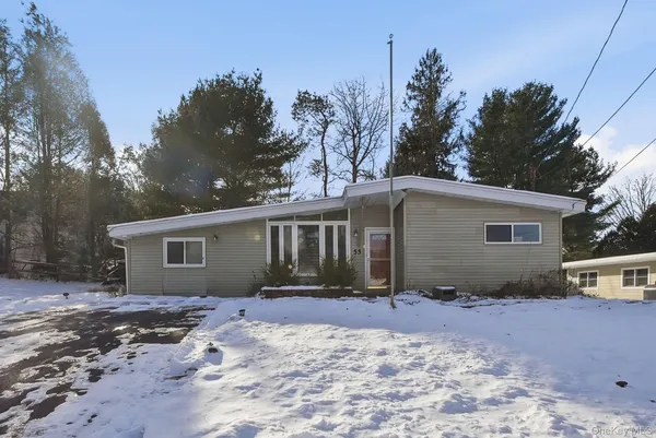 a front view of house with yard and trees around