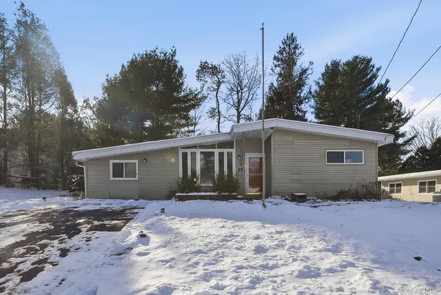 a front view of house with yard and trees around