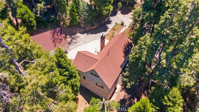 an aerial view of residential houses with outdoor space and trees