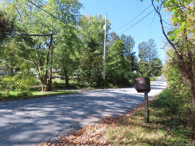 a view of a street with potted plants and large trees