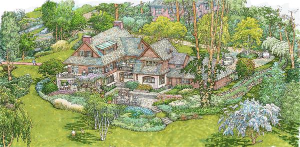 an aerial view of residential houses with outdoor space and trees