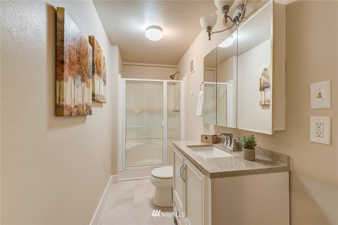 4314 Southwest Frontenac Street Seattle, WA 98136 - Photo 23 of 32 a bathroom with a granite countertop sink toilet and shower