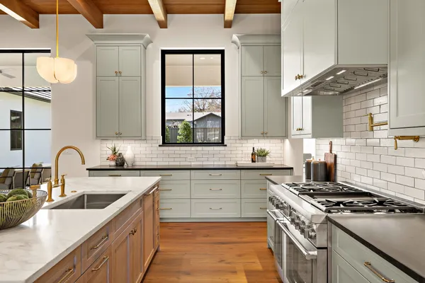 a kitchen with lots of counter top space