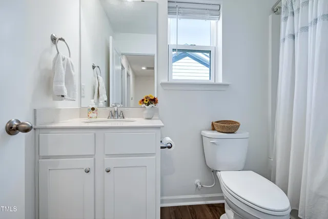 a bathroom with a toilet sink vanity and mirror
