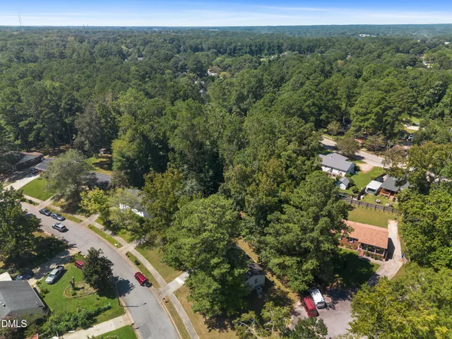 a view of a city with lush green forest