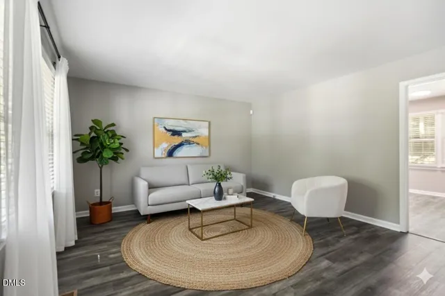 a living room with furniture and a potted plant