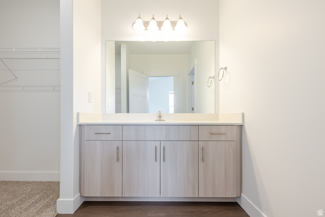 693 West 4500th South, Unit O302 Mapleton, UT 84664 - Photo 9 of 16 Bathroom with vanity, a walk in closet, and dark wood-style flooring