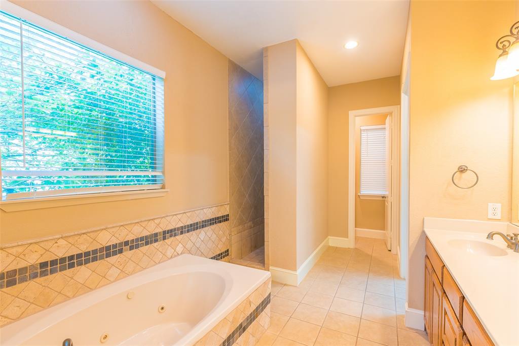 7804 Keechie Drive McKinney, TX 75070 - Photo 23 of 39 a bathroom with a tub a sink and a large window