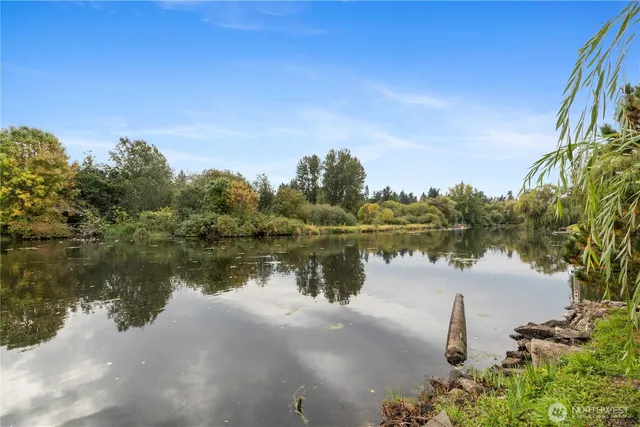 a view of a lake with houses in the back
