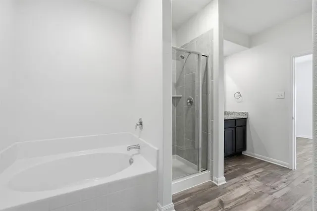 a bathroom with a bathtub and a shower