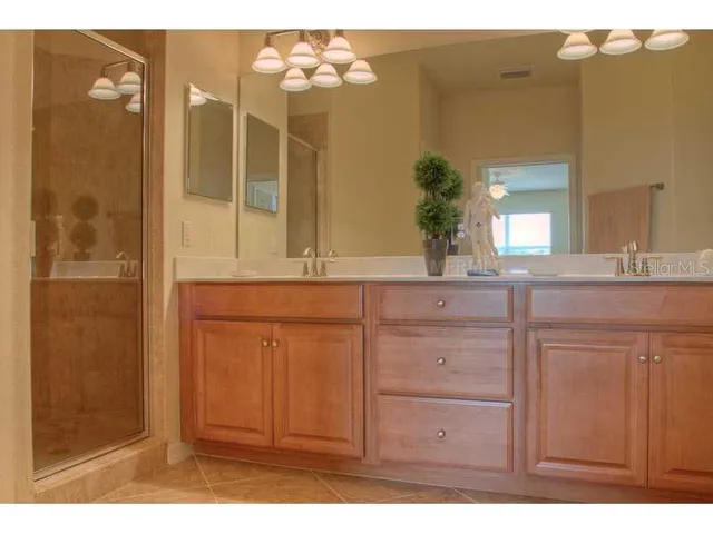 a bathroom with a granite countertop sink a mirror and a shower