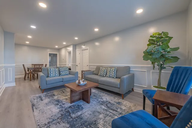 a living room with furniture and a potted plant
