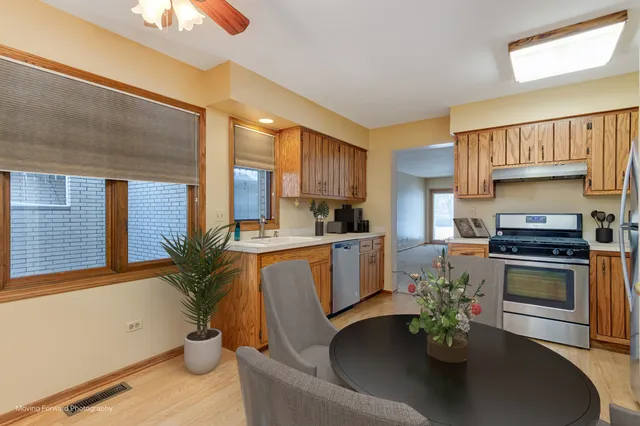 a kitchen with a potted plant and cabinets