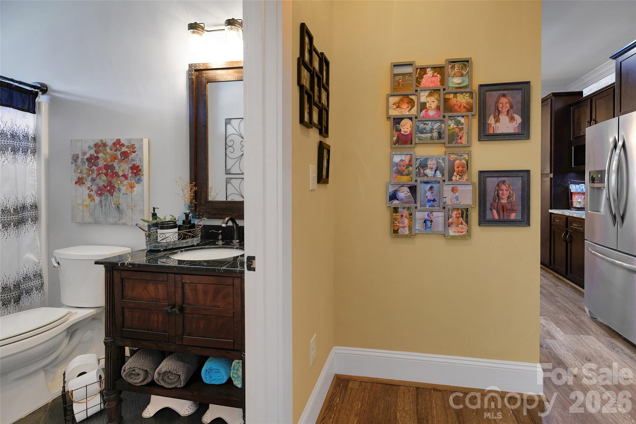 211 Holly Ridge Road Dallas, NC 28034 - Photo 22 of 46 a bathroom with a sink a toilet and a shower curtain