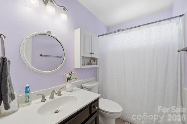 a bathroom with a sink mirror and toilet