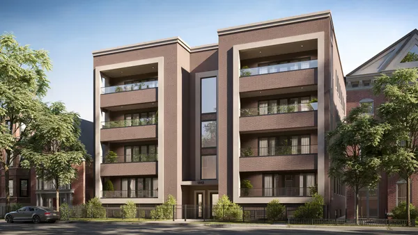 a front view of multi story residential apartment building