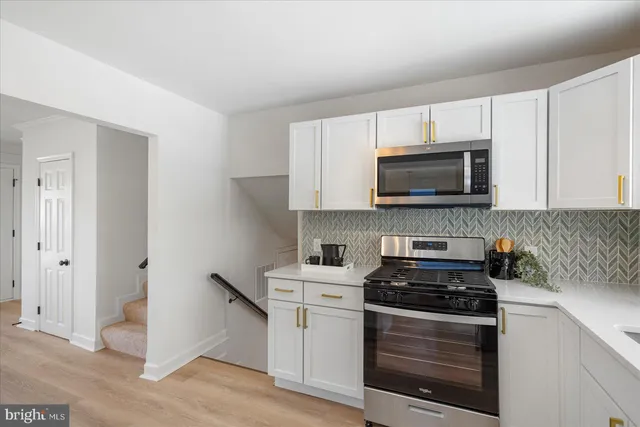 a kitchen with stainless steel appliances a stove a microwave and cabinets