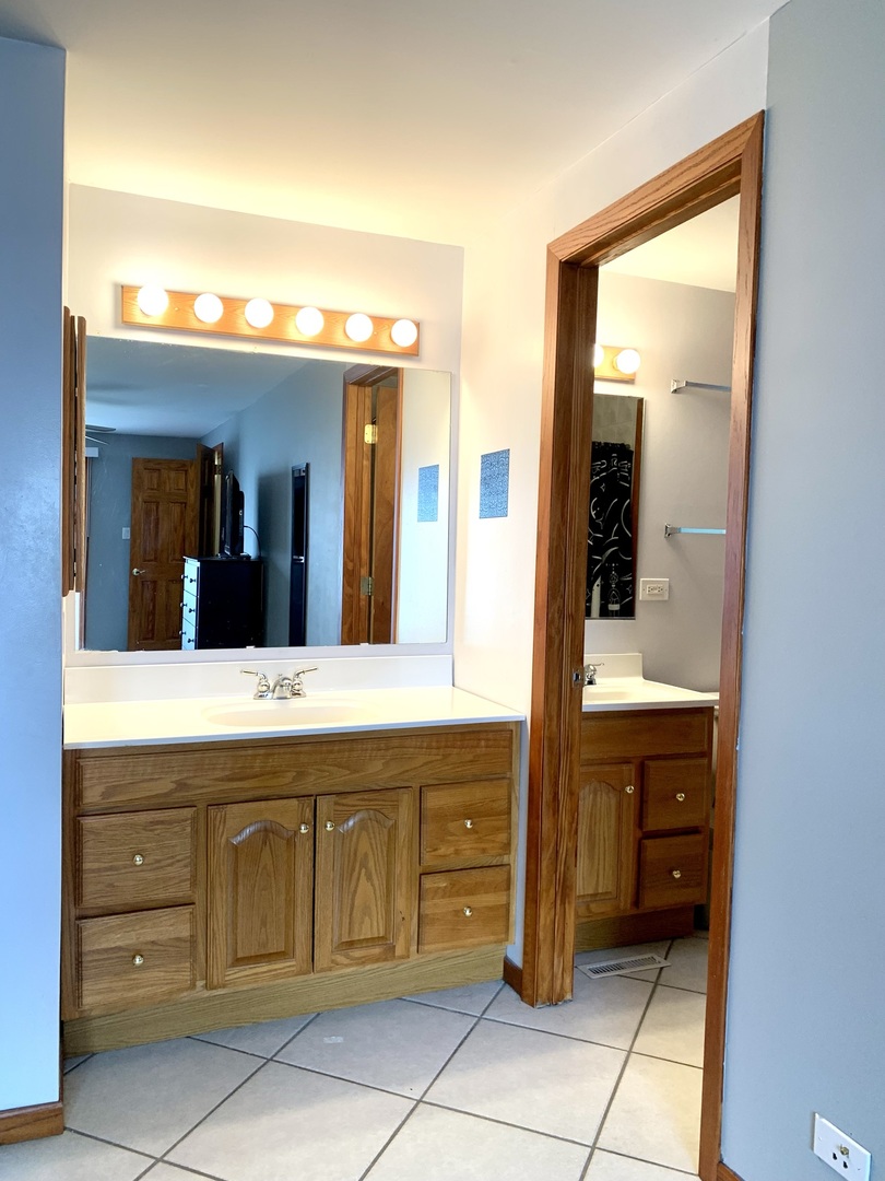 2231 Flower Court, Unit 2231 Schaumburg, IL 60107 - Photo 14 of 24 a bathroom with a granite countertop sink and a mirror