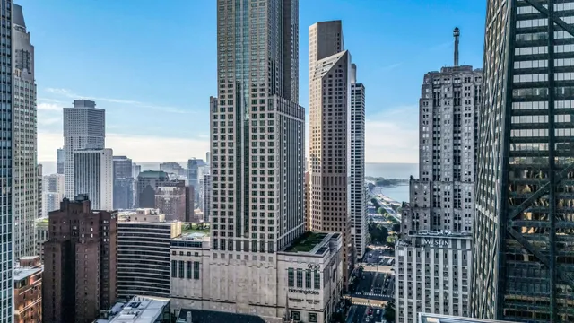 a city view with tall buildings