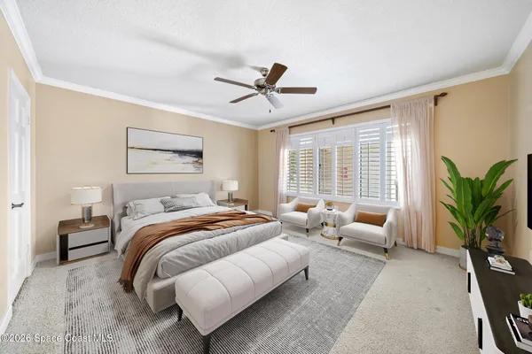 a living room with furniture and a potted plant