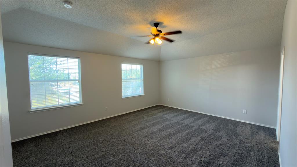 3401 Cheyenne Ranch Road Fort Worth, TX 76262 - Photo 8 of 17 Vaulted ceiling with an attached ceiling fan, dual windows, and textured carpet flooring