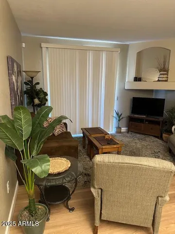 a living room with furniture and a potted plant