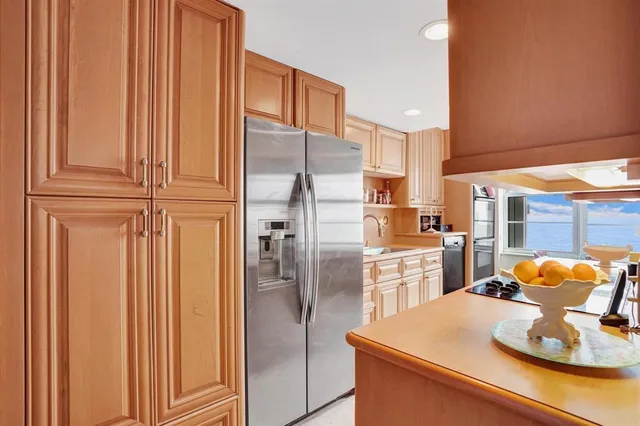 a kitchen with stainless steel appliances granite countertop a refrigerator and a sink