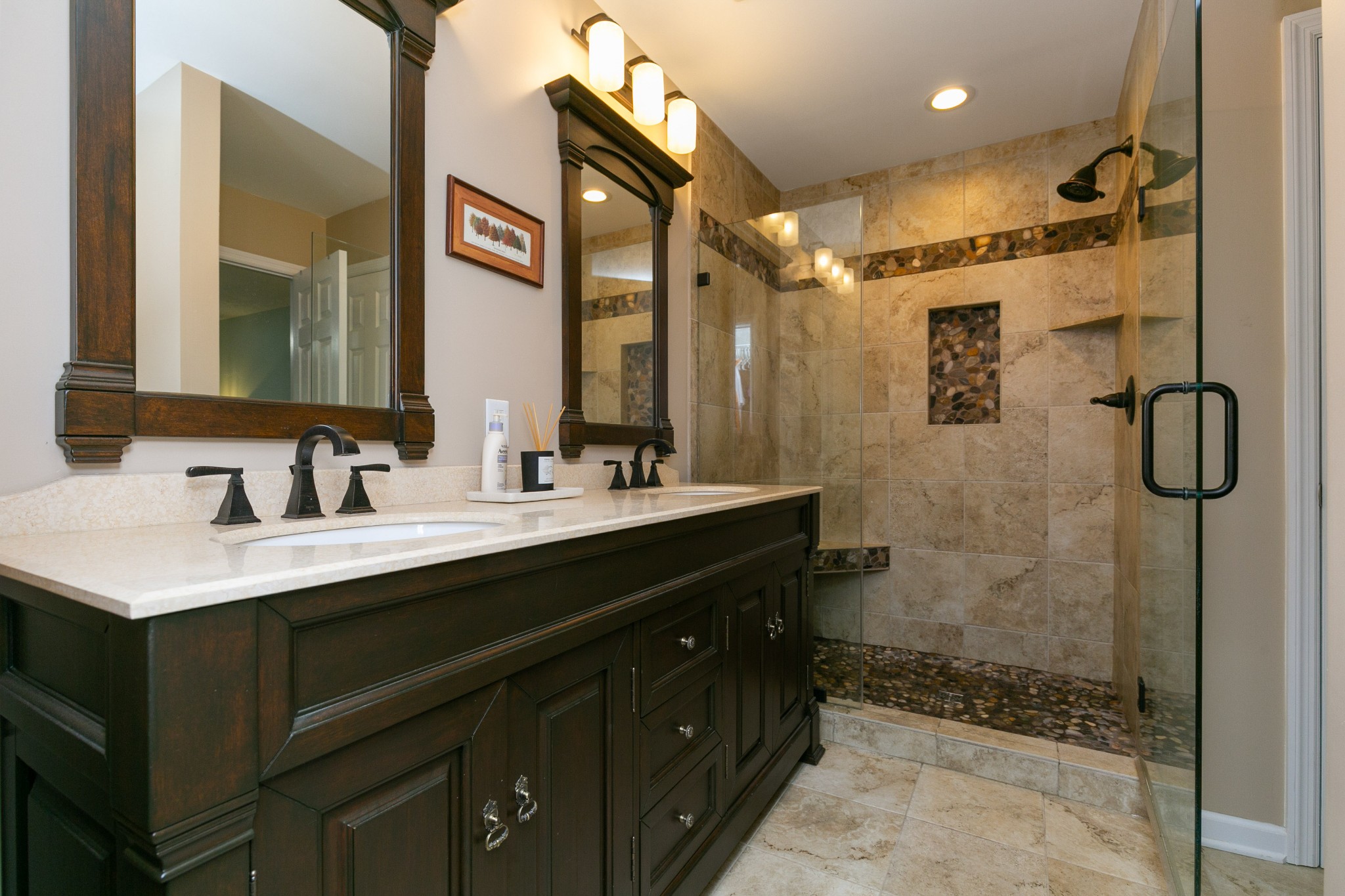 19 B Vantrease Road Brush Creek, TN 38547 - Photo 18 of 41 a bathroom with a double vanity sink mirror and shower