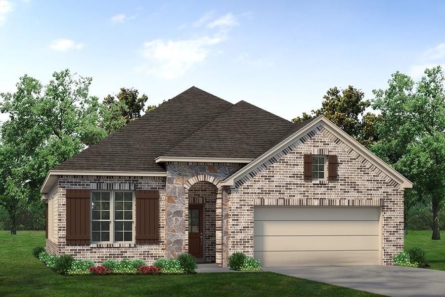 1228 Colca Drive Springtown, TX 76082 - Photo 2 of 9 Single-story residence featuring a mixed-material facade with brick and stone accents, a prominent arched entry, and a two-car garage