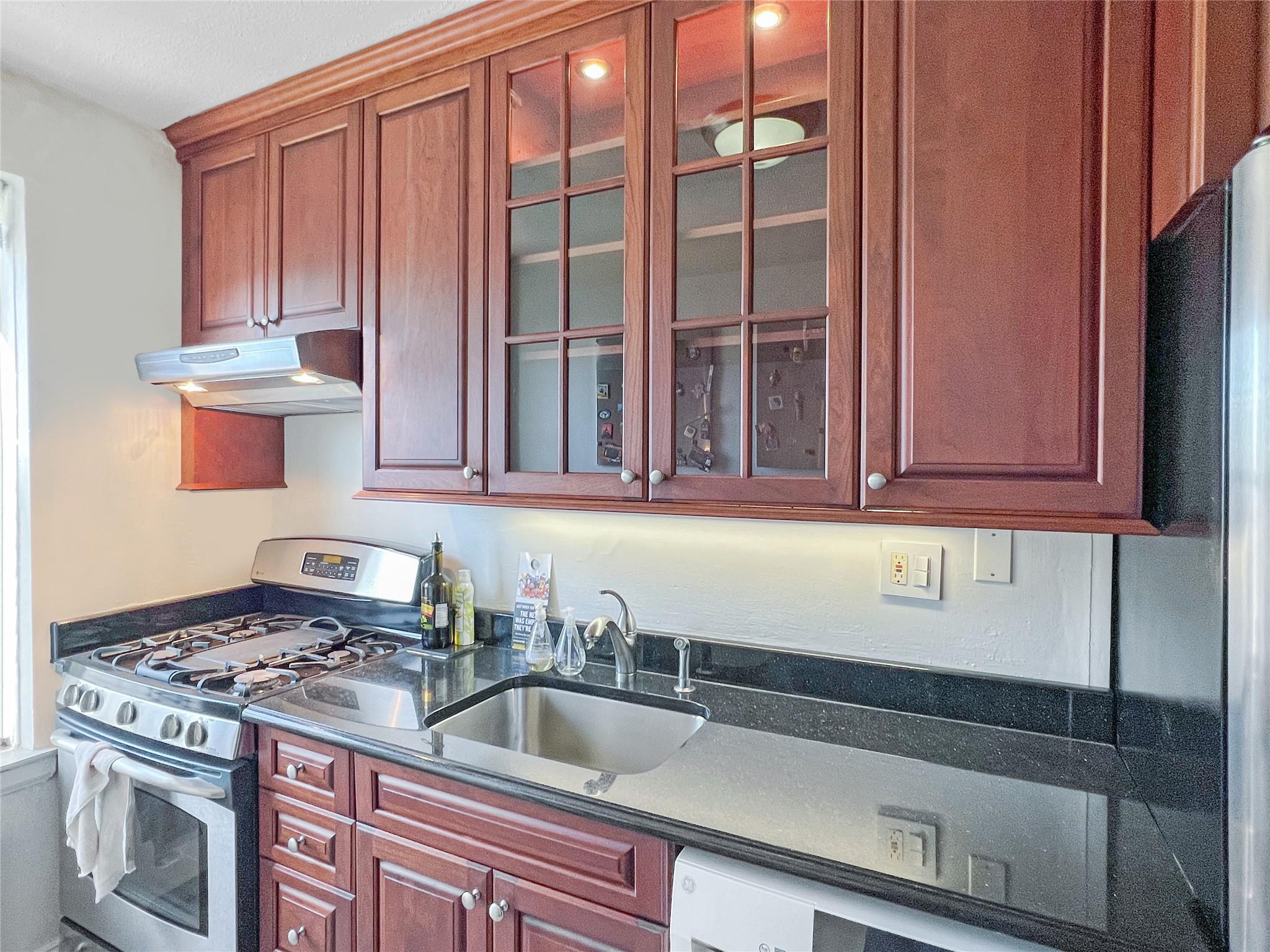 138-25 68th Drive, Unit 3D Queens, NY 11367 - Photo 6 of 12 Kitchen featuring under cabinet range hood, appliances with stainless steel finishes, glass insert cabinets, and a sink