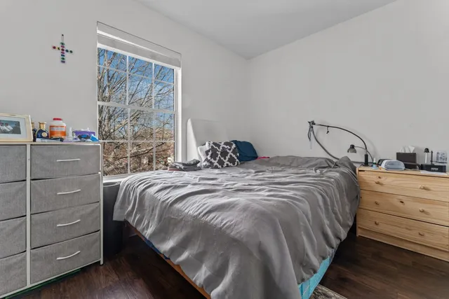 a bedroom with a bed and a closet