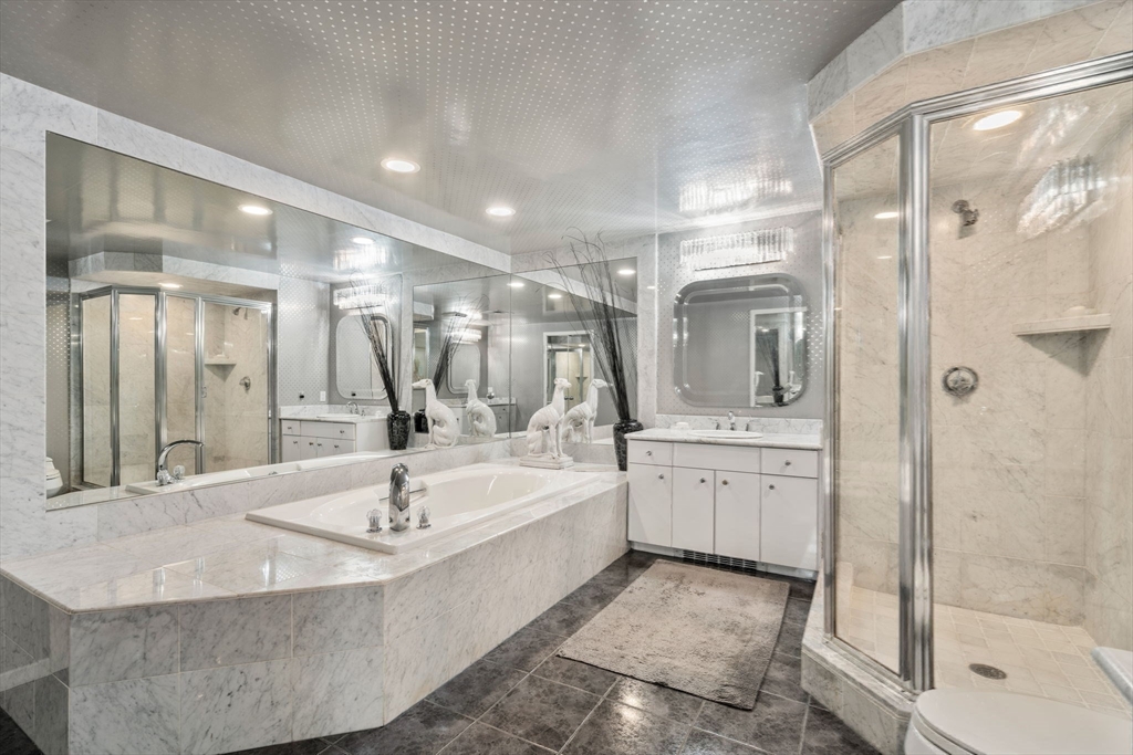228 Allandale Road, Unit 1B Boston, MA 02467 - Photo 16 of 30 a large bathroom with a granite countertop sink mirror and shower