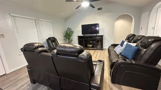 a view of a dining room with furniture