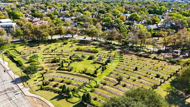 an aerial view of a swimming pool
