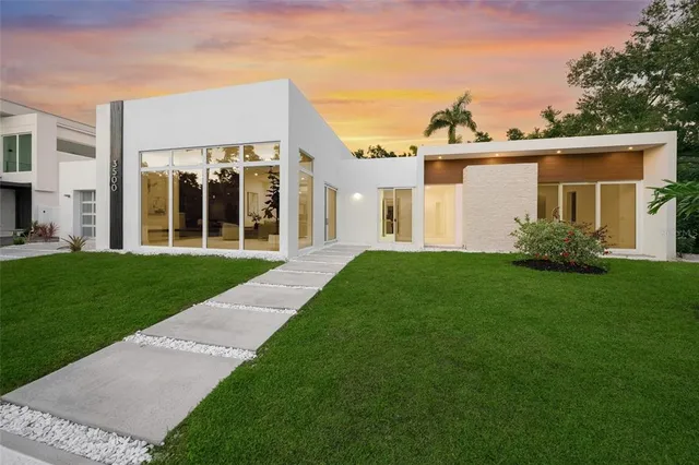 a view of a lake with a garden