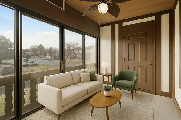 a living room with furniture and a floor to ceiling window