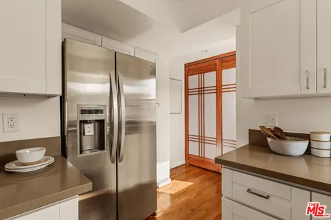 a kitchen with a refrigerator and potted plant