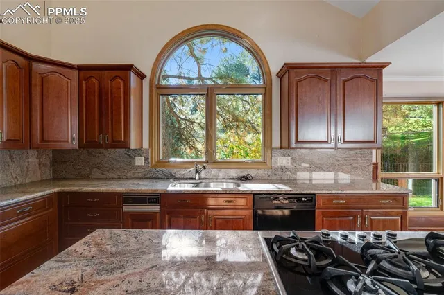 a kitchen with stainless steel appliances granite countertop a stove a sink and a microwave