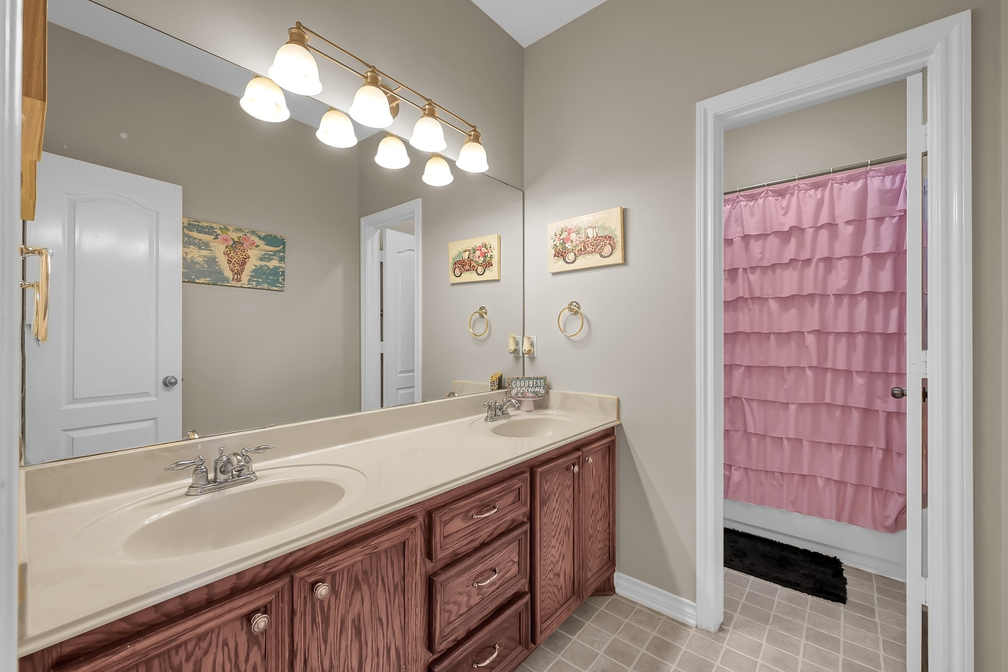 409 Mildred Street Cleveland, TX 77328 - Photo 17 of 24 a bathroom with a sink a vanity and a mirror