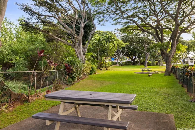 a backyard of a house with lots of green space and fountain