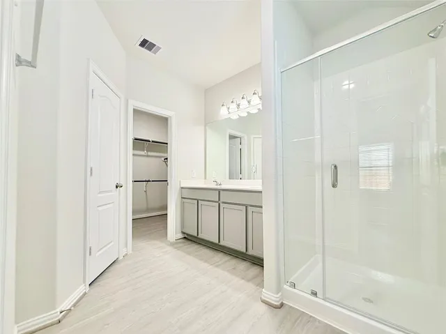 a bathroom with a shower a sink and a mirror